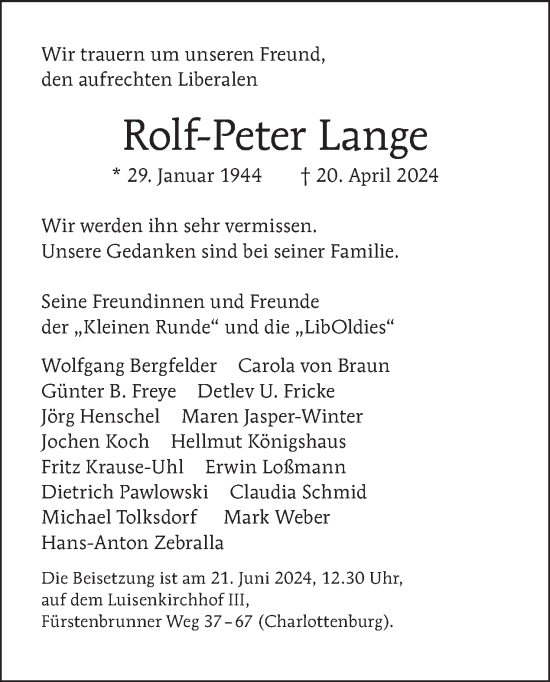 Traueranzeige von Rolf-Peter Lange von Tagesspiegel