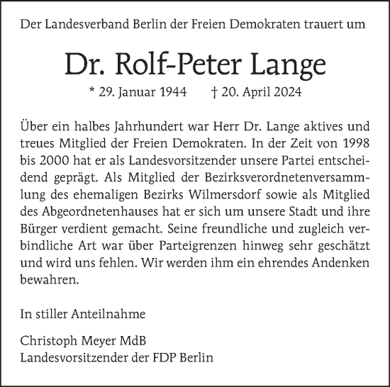 Traueranzeige von Rolf-Peter Lange von Tagesspiegel