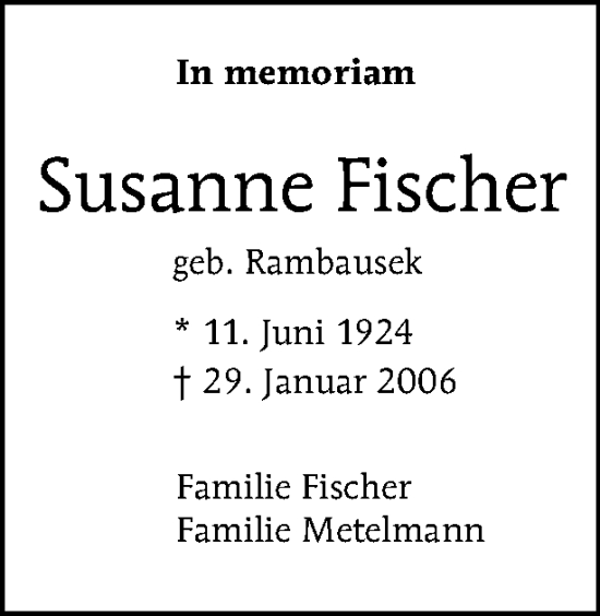 Traueranzeige von Susanne Fischer von Tagesspiegel