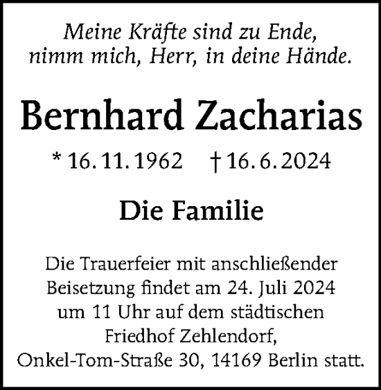 Traueranzeige von Bernhard Zacharias von Tagesspiegel