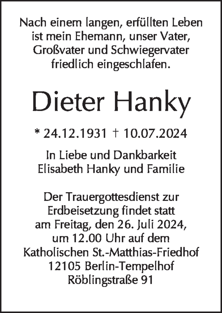  Traueranzeige für Dieter Hanky vom 20.07.2024 aus Tagesspiegel