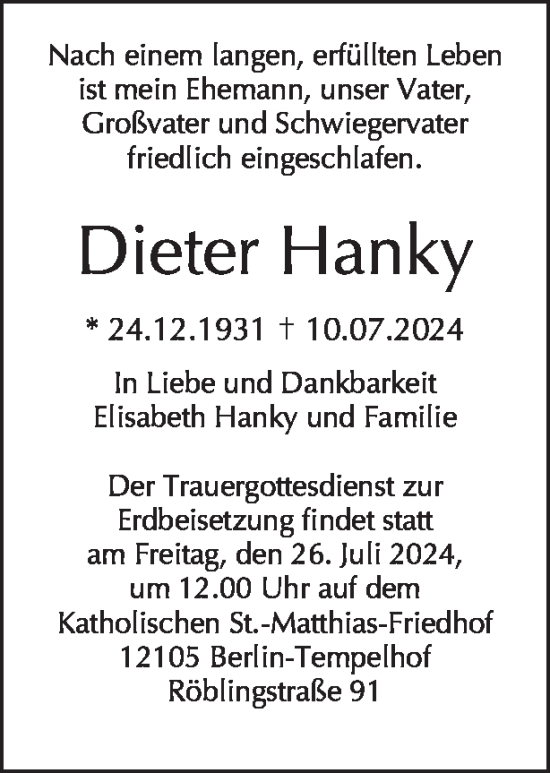 Traueranzeige von Dieter Hanky von Tagesspiegel