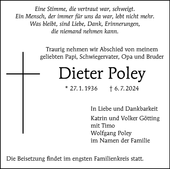 Traueranzeige von Dieter Poley von Tagesspiegel