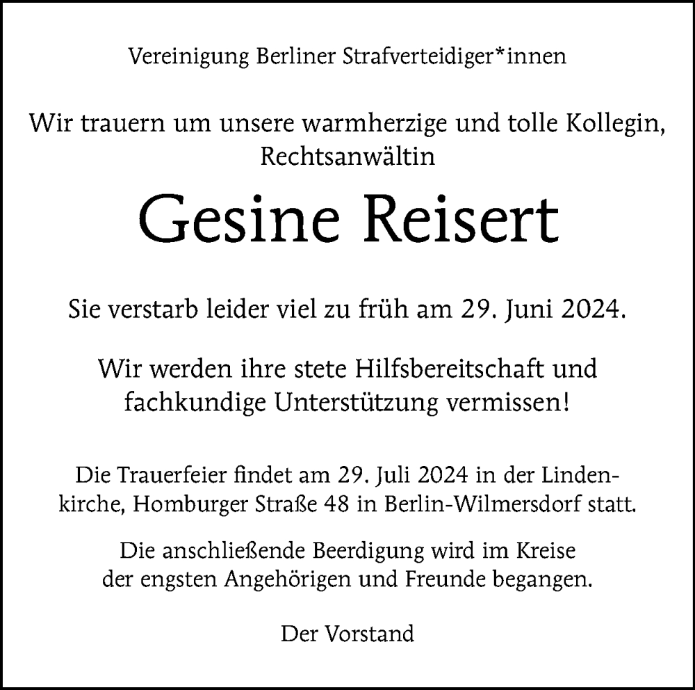  Traueranzeige für Gesine Reisert vom 13.07.2024 aus Tagesspiegel