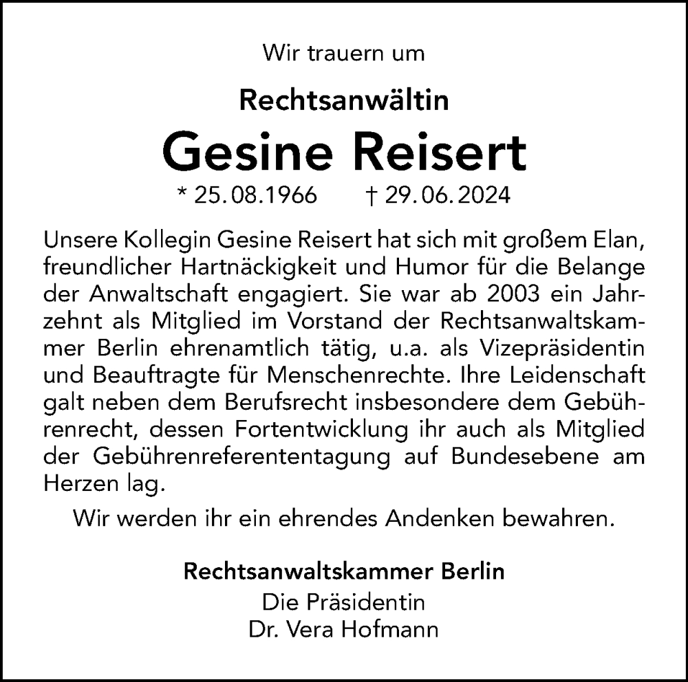  Traueranzeige für Gesine Reisert vom 06.07.2024 aus Tagesspiegel