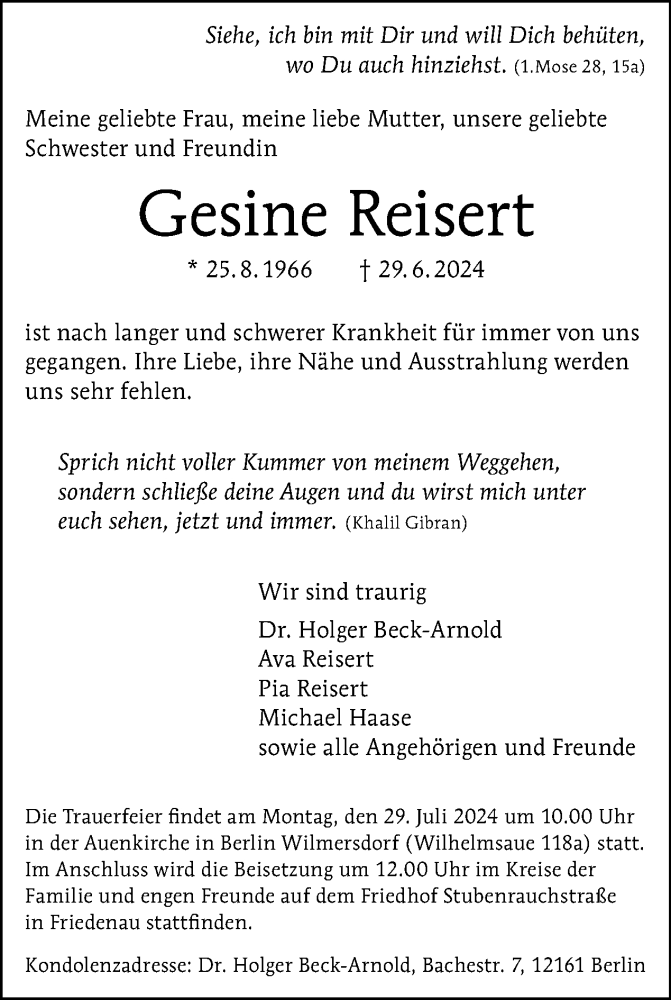  Traueranzeige für Gesine Reisert vom 13.07.2024 aus Tagesspiegel