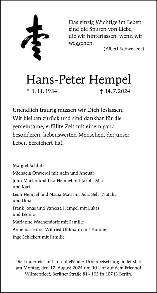 Traueranzeige von Hans-Peter Hempel von Tagesspiegel