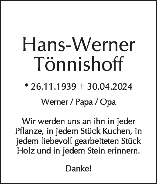 Traueranzeige von Hans-Werner Tönnishoff von Tagesspiegel