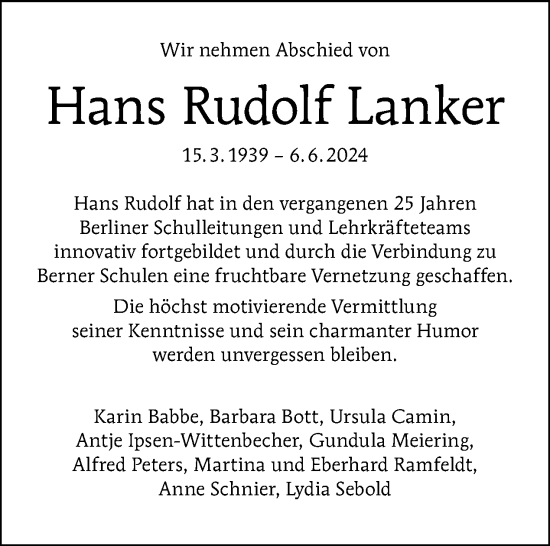 Traueranzeige von Hans Rudolf Lanker von Tagesspiegel