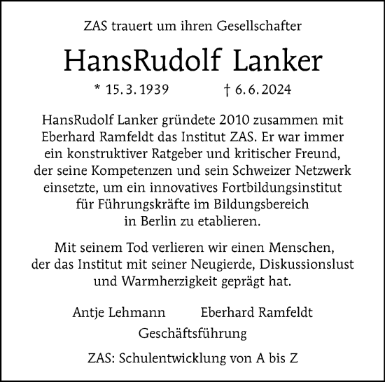 Traueranzeige von Hans Rudolf Lanker von Tagesspiegel