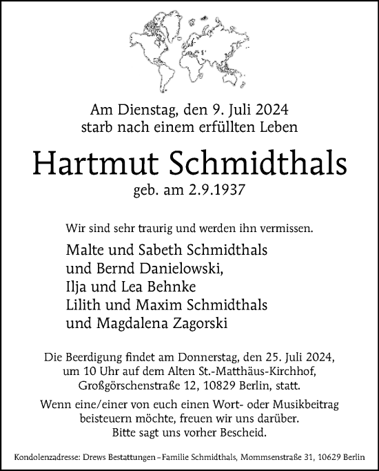 Traueranzeige von Hartmut Schmidthals von Tagesspiegel