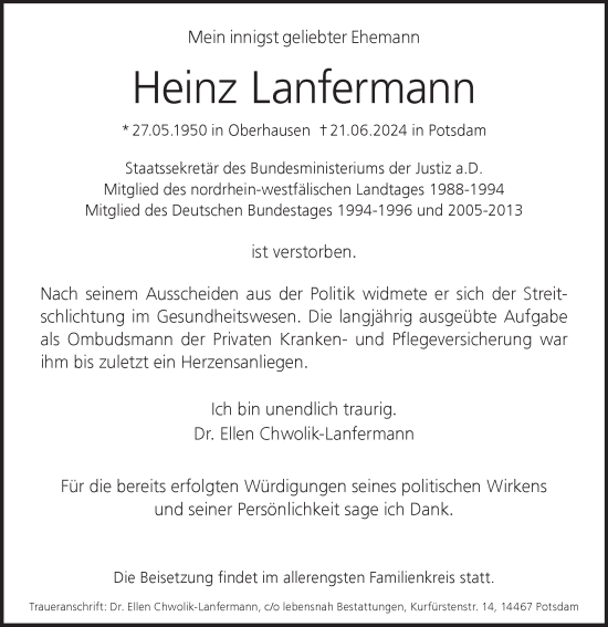 Traueranzeige von Heinz Lanfermann von Tagesspiegel