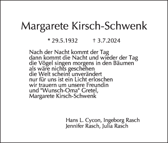 Traueranzeige von Margarete Kirsch-Schwenk von Tagesspiegel