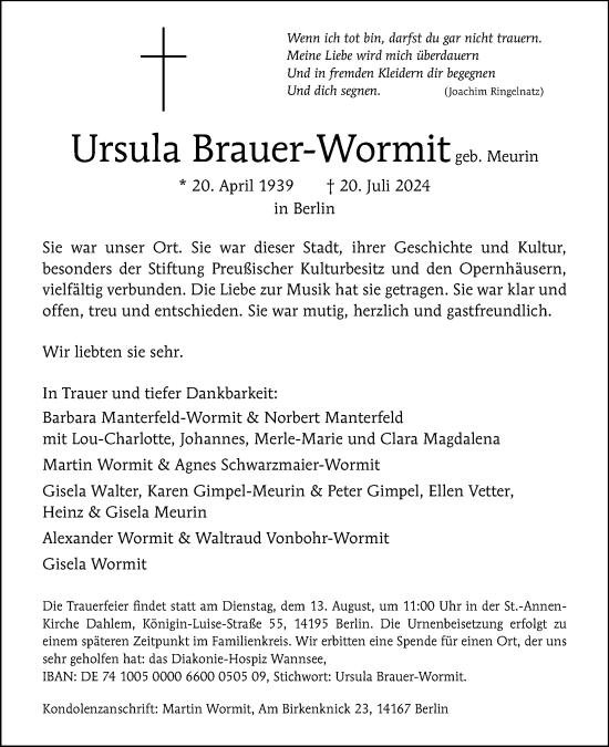Traueranzeige von Ursula Brauer-Wormit von Tagesspiegel