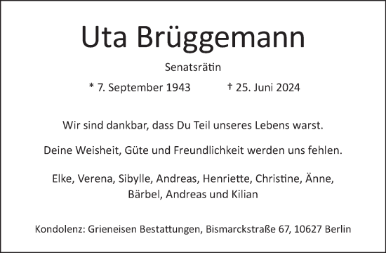 Traueranzeige von Uta Brüggemann von Tagesspiegel