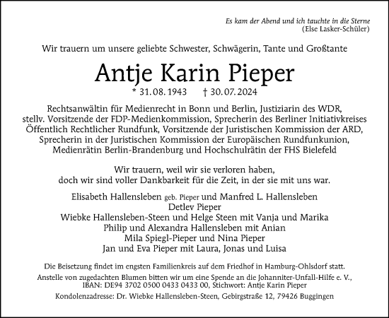 Traueranzeige von Antje Karin Pieper von Tagesspiegel