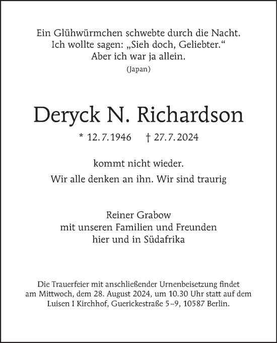 Traueranzeige von Deryck Richardson von Tagesspiegel