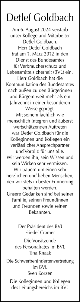  Traueranzeige für Detlef Goldbach vom 31.08.2024 aus Tagesspiegel