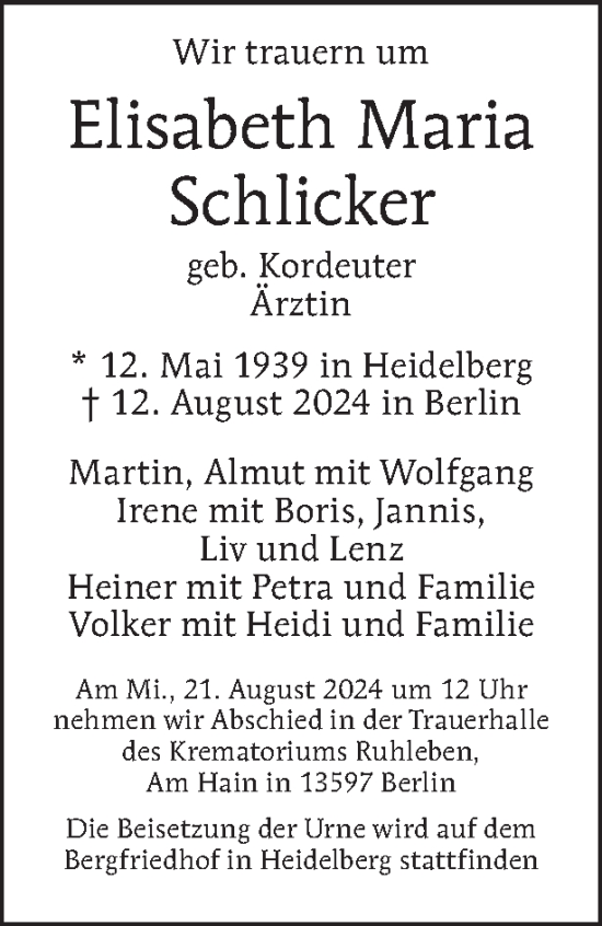 Traueranzeige von Elisabeth Maria Schlicker von Tagesspiegel