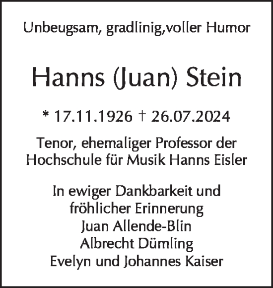 Traueranzeige von Hanns Stein von Tagesspiegel