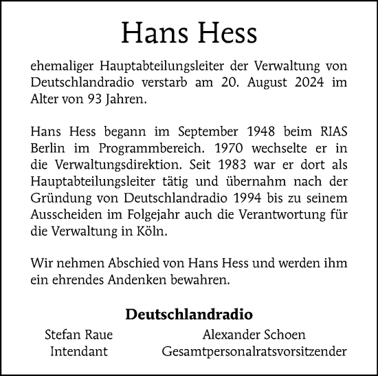 Traueranzeige von Hans Hess von Tagesspiegel