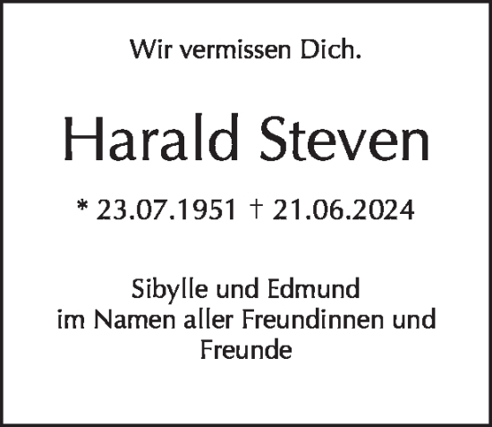 Traueranzeige von Harald Steven von Tagesspiegel