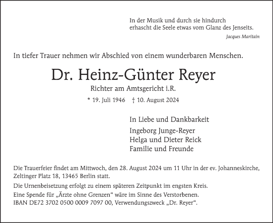 Traueranzeige von Heinz-Günter Reyer von Tagesspiegel