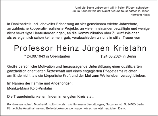 Traueranzeige von Heinz Jürgen Kristahn von Tagesspiegel