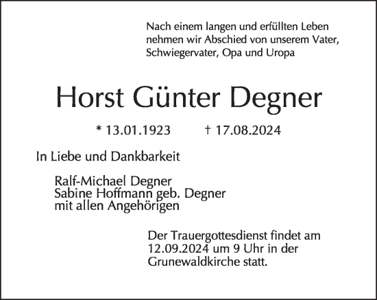 Traueranzeige von Horst Günter Degner von Tagesspiegel