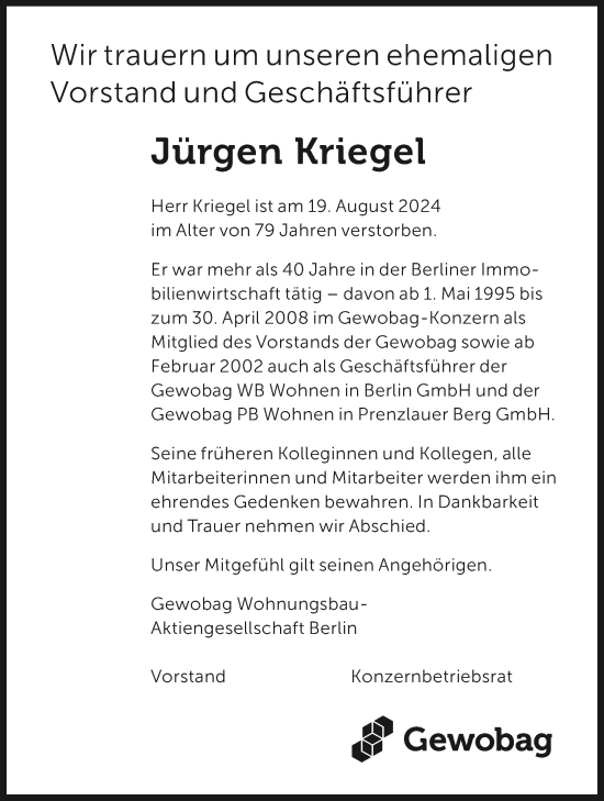 Traueranzeige von Jürgen Kriegel von Tagesspiegel