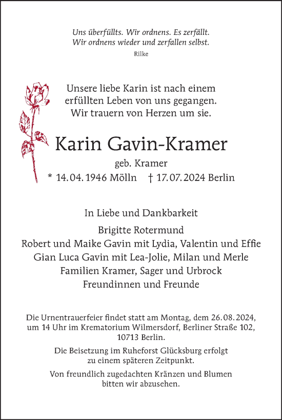 Traueranzeige von Karin Gavin-Kramer von Tagesspiegel