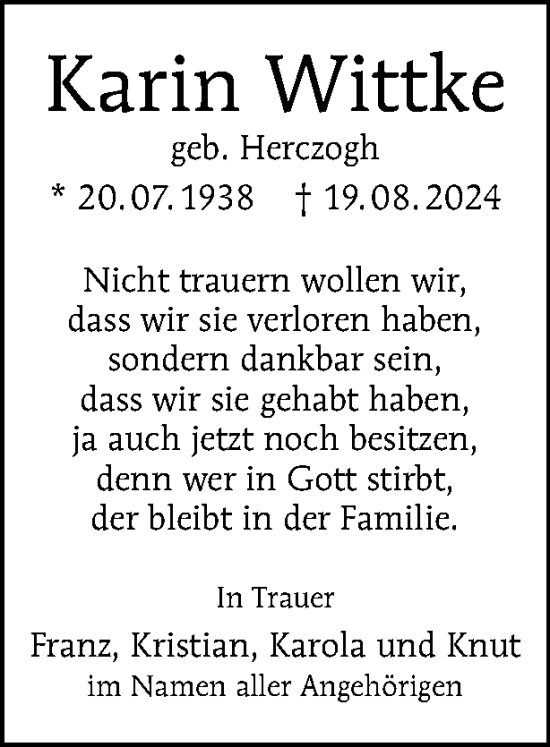 Traueranzeige von Karin Wittke von Tagesspiegel