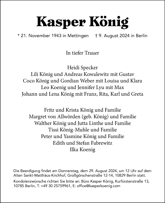 Traueranzeige von Kasper König von Tagesspiegel