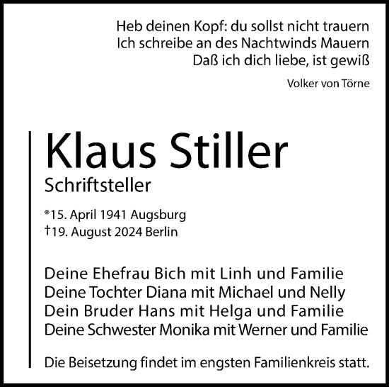 Traueranzeige von Klaus Stiller von Tagesspiegel