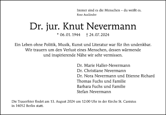 Traueranzeige von Knut Nevermann von Tagesspiegel