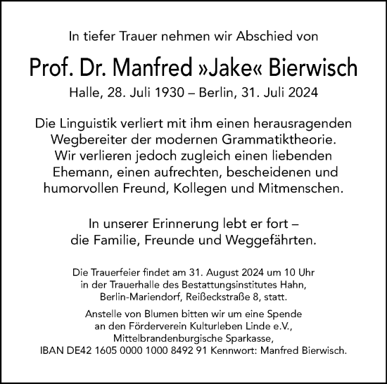 Traueranzeige von Manfred Bierwisch von Tagesspiegel