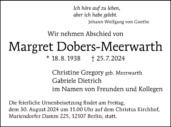 Traueranzeige von Margret Dobers-Meerwarth von Tagesspiegel