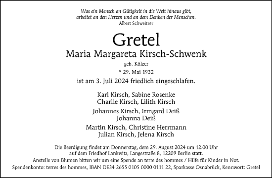 Traueranzeige von Maria Margareta Kirsch-Schwenk von Tagesspiegel