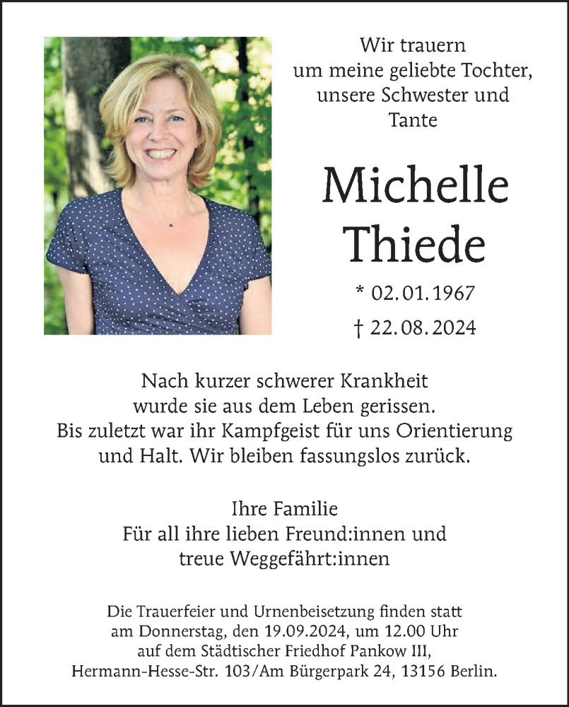  Traueranzeige für Michelle Thiede vom 31.08.2024 aus Tagesspiegel