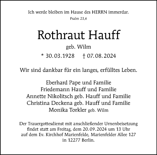 Traueranzeige von Rothraut Hauff von Tagesspiegel