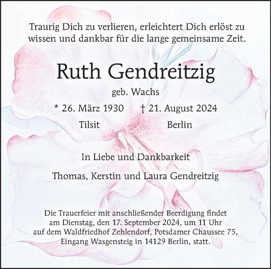 Traueranzeige von Ruth Gendreitzig von Tagesspiegel