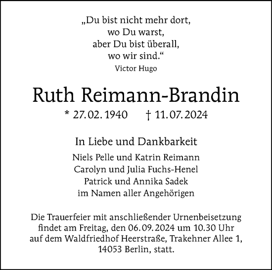 Traueranzeige von Ruth Reimann-Brandin von Tagesspiegel