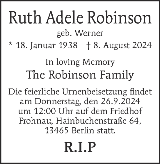 Traueranzeige von Ruth Adele Robinson von Tagesspiegel