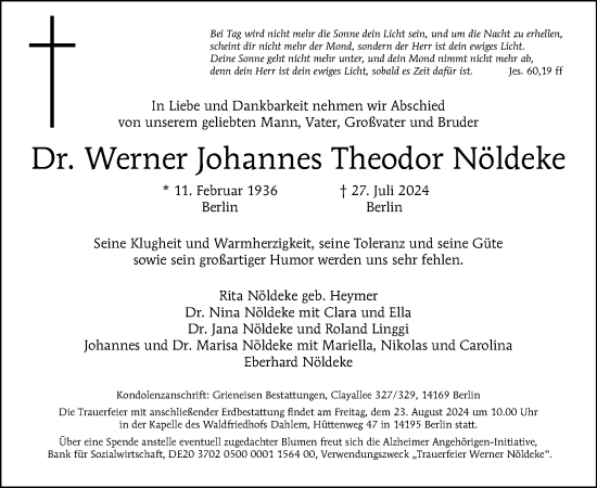 Traueranzeige von Werner Johannes Theodor Nöldeke von Tagesspiegel