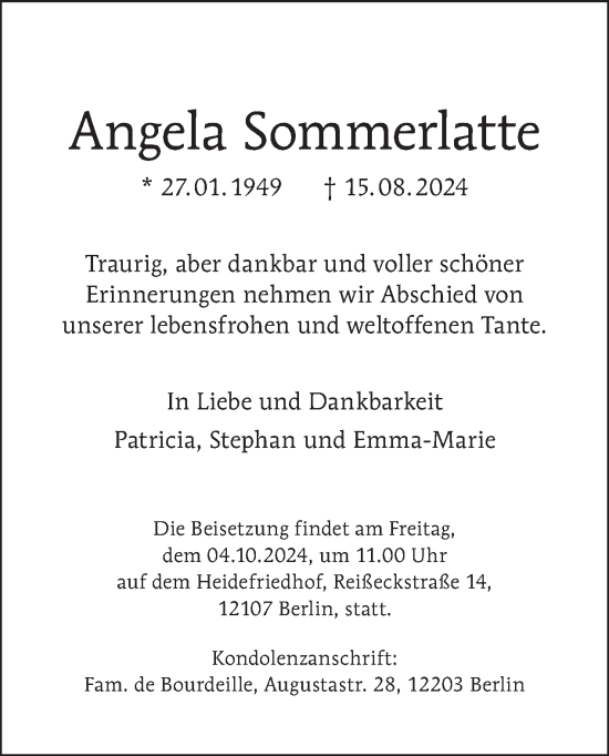 Traueranzeige von Angela Sommerlatte von Tagesspiegel