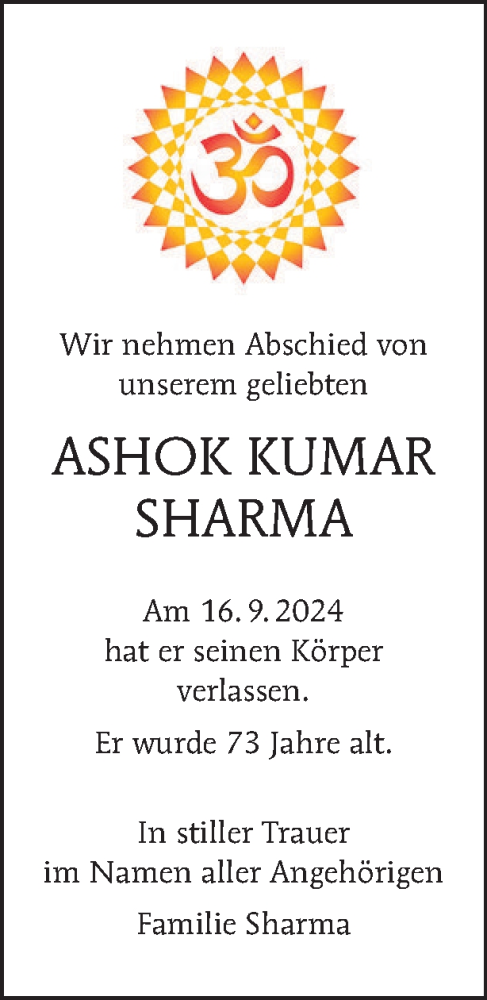 Traueranzeige von Ashok Kumar Sharma von Tagesspiegel