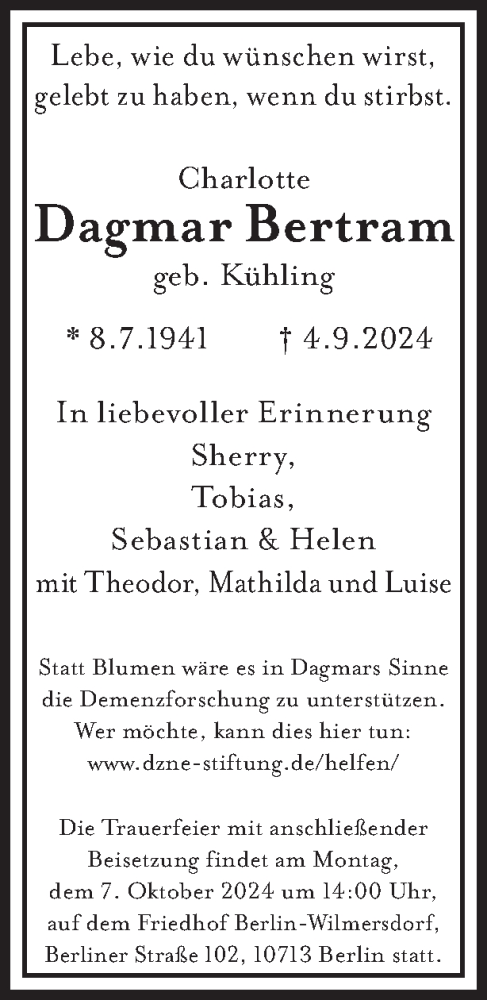 Traueranzeige von Dagmar Bertram von Tagesspiegel