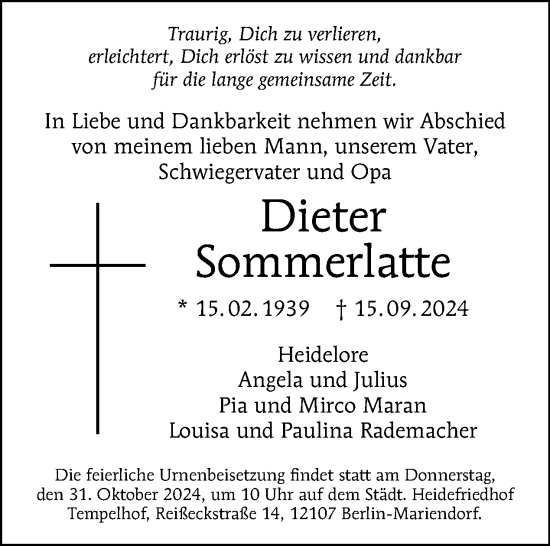 Traueranzeige von Dieter Sommerlatte von Tagesspiegel