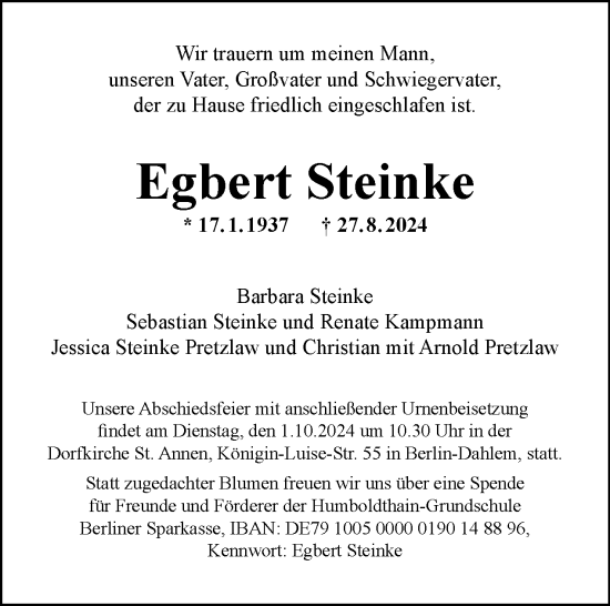 Traueranzeige von Egbert Steinke von Tagesspiegel