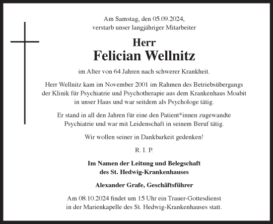 Traueranzeige von Felician Wellnitz von Tagesspiegel